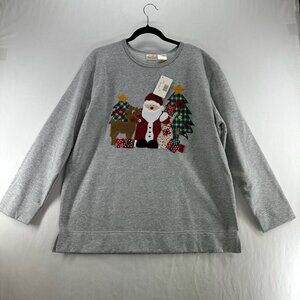 Bobbie Brooks Christmas Sweatshirt Womens L Santa Reindeer Pullover Heather Gray